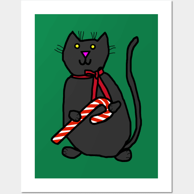 Christmas Kitty Cat With Ribbon and Candy Cane Wall Art by ellenhenryart